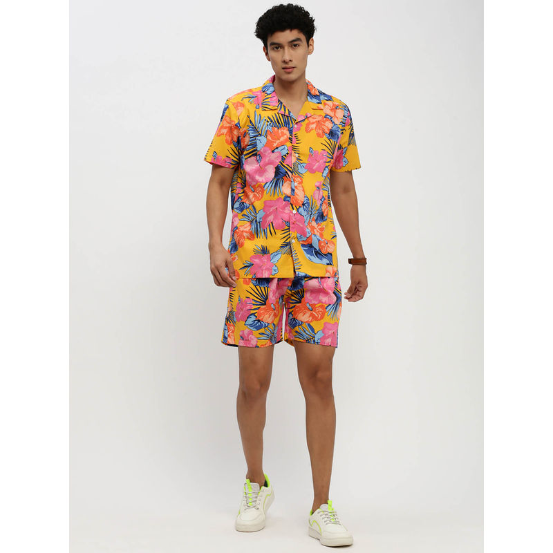 SHOWOFF Mens Short Sleeves Printed Mustard Cuban Collar Co-Ord (Set of 2) (2XL)