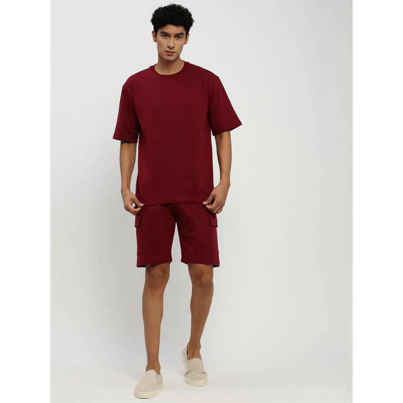 SHOWOFF Mens Short Sleeves Solid Maroon Round Neck Co-Ord (Set of 2) (M)