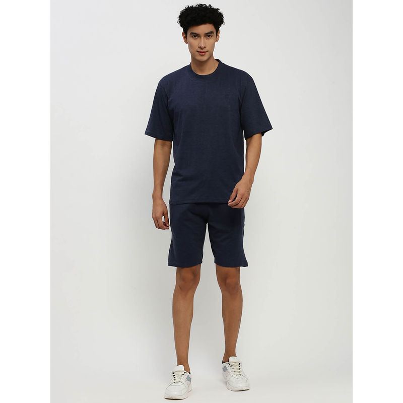 SHOWOFF Mens Short Sleeves Solid Navy Blue Round Neck Co-Ord (Set of 2) (M)