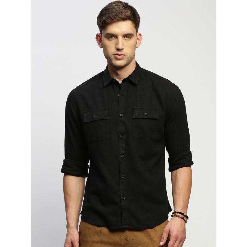 SHOWOFF Mens Long Sleeves Solid Black Slim Fit Comfort Shirt (S)