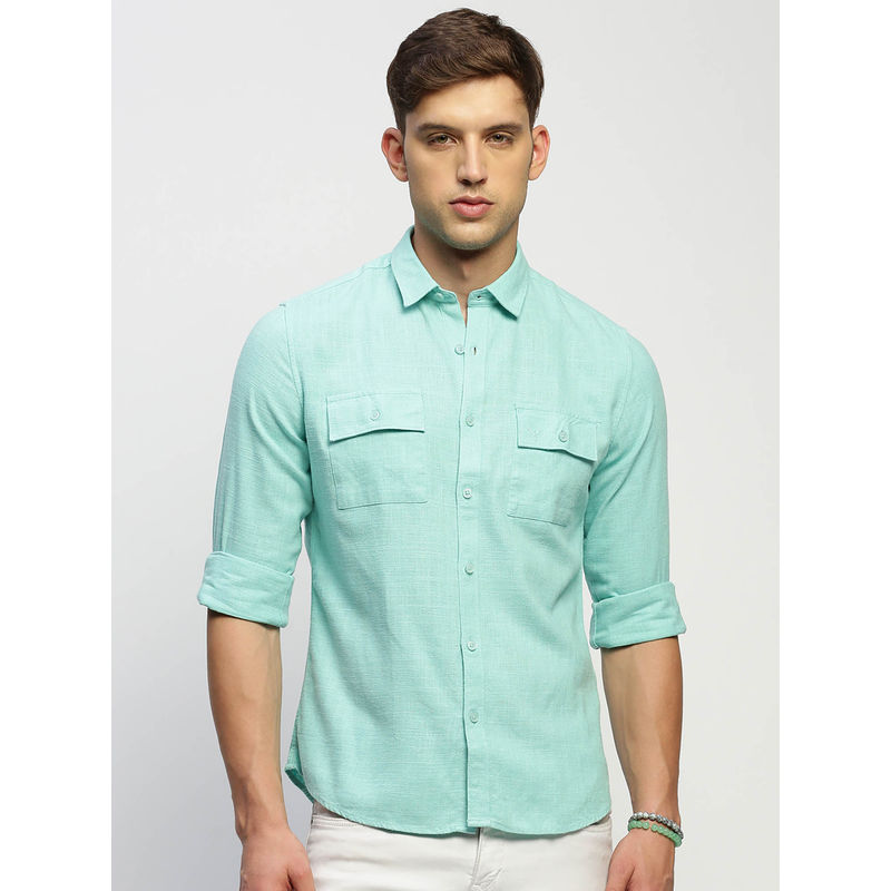 SHOWOFF Mens Long Sleeves Solid Sea Green Slim Fit Comfort Shirt (S)