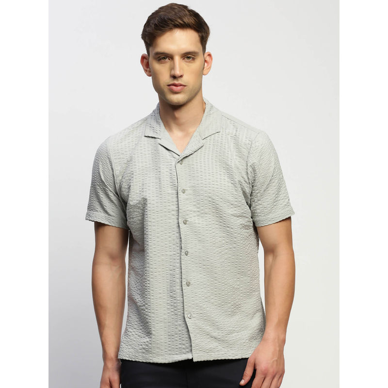 SHOWOFF Mens Short Sleeves Self Design Grey Slim Fit Comfort Shirt (XL)