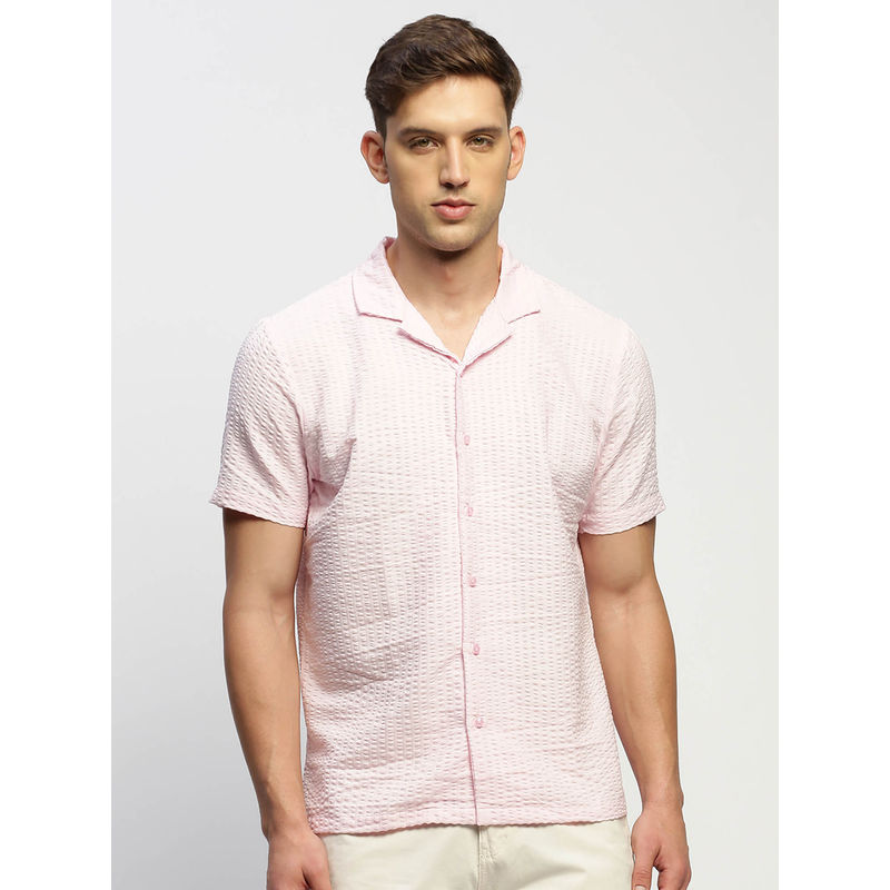 SHOWOFF Mens Short Sleeves Self Design Pink Slim Fit Comfort Shirt (XL)