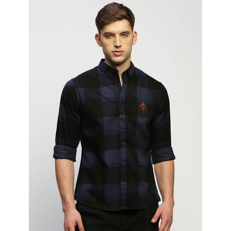 SHOWOFF Mens Long Sleeves Checked Navy Blue Slim Fit Standard Shirt (3XL)