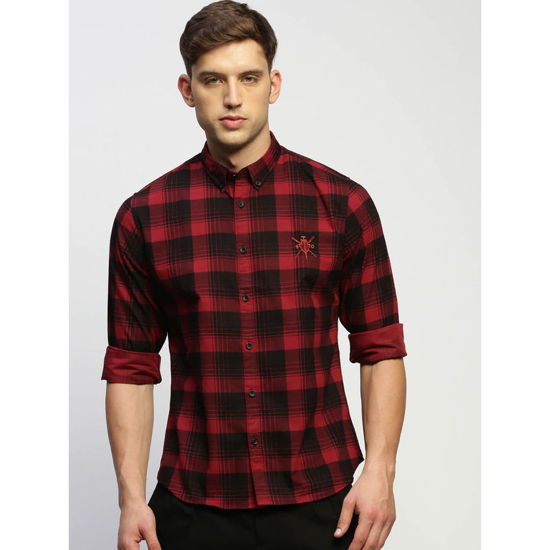 SHOWOFF Mens Long Sleeves Checked Maroon Slim Fit Standard Shirt (M)