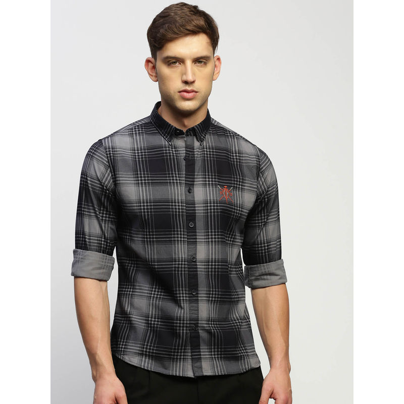 SHOWOFF Mens Long Sleeves Checked Navy Blue Slim Fit Standard Shirt (XL)