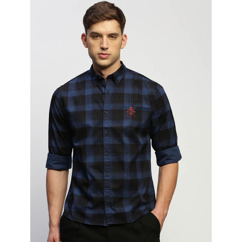 SHOWOFF Mens Long Sleeves Checked Blue Slim Fit Standard Shirt (S)