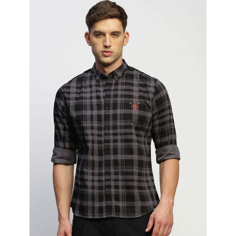 SHOWOFF Mens Long Sleeves Checked Grey Slim Fit Standard Shirt (S)