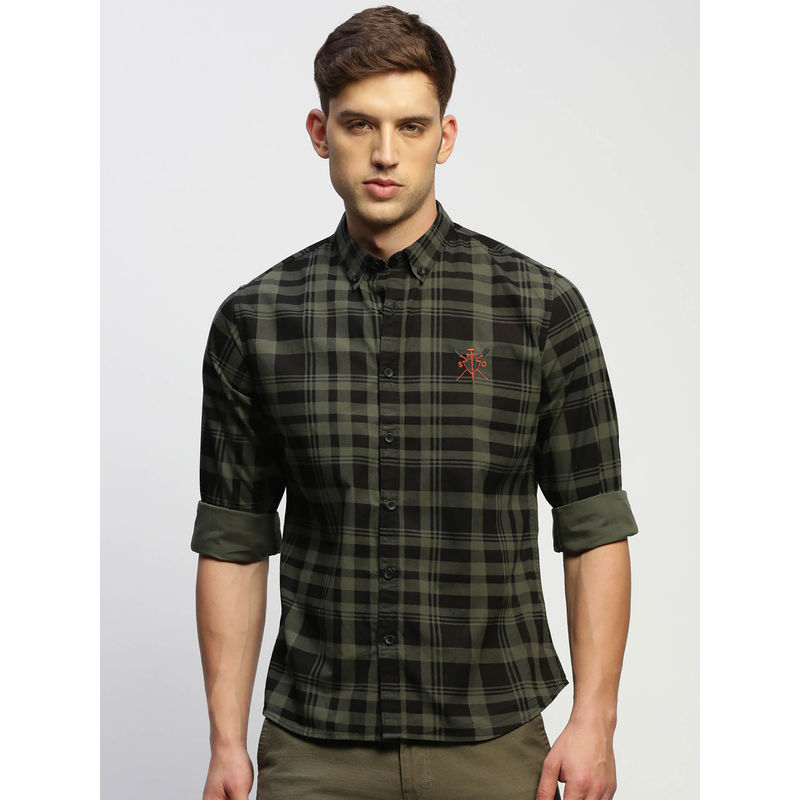 SHOWOFF Mens Long Sleeves Checked Green Slim Fit Standard Shirt (S)