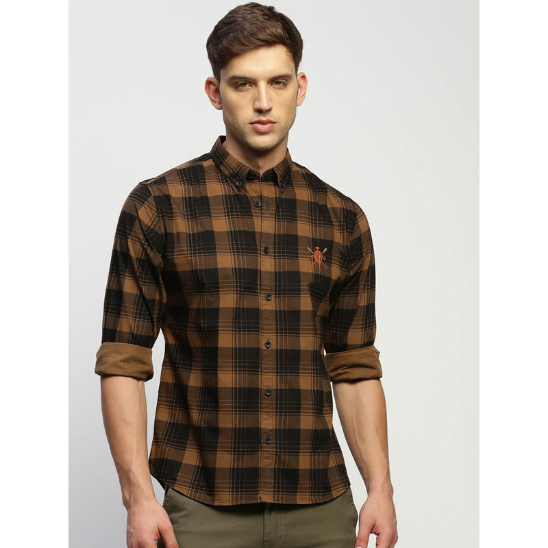 SHOWOFF Mens Long Sleeves Checked Brown Slim Fit Standard Shirt (S)