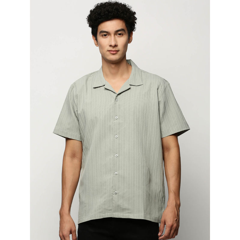 SHOWOFF Mens Short Sleeves Self Design Sea Green Slim Fit Premium Shirt (L)