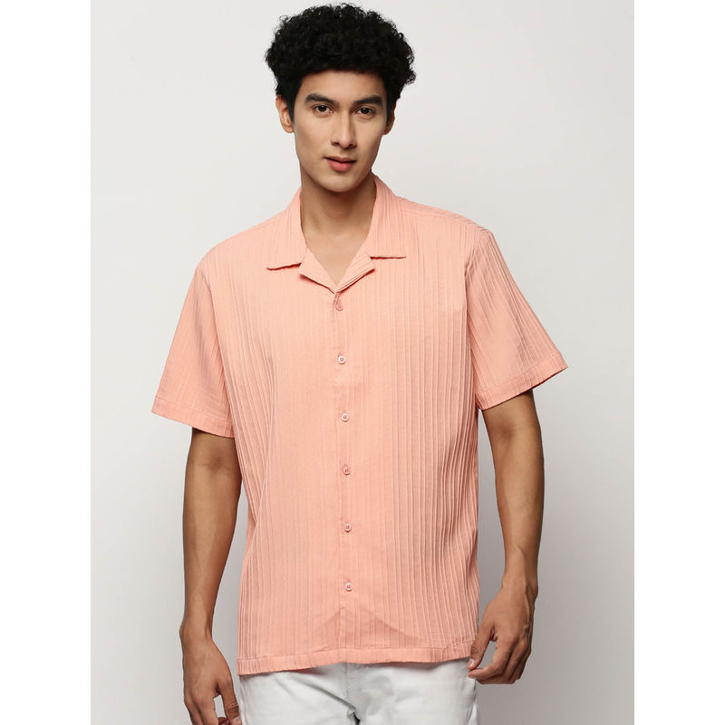 SHOWOFF Mens Short Sleeves Self Design Peach Slim Fit Premium Shirt (XL)
