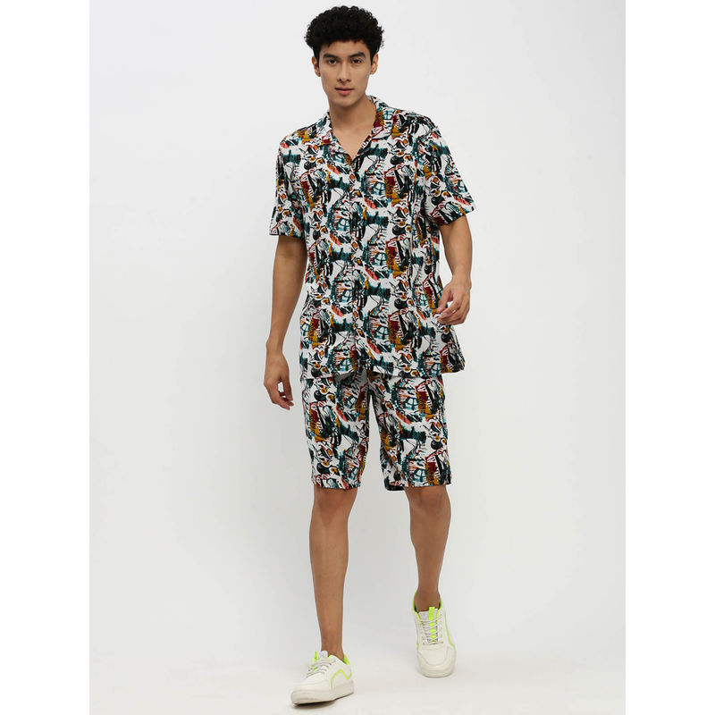 SHOWOFF Mens Short Sleeves Printed White Cuban Collar Oversized Co-Ord (Set of 2) (S)