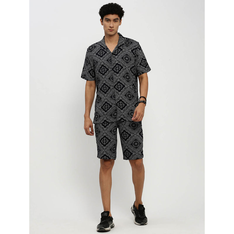 SHOWOFF Mens Short Sleeves Printed Navy Blue Cuban Collar Oversized Co-Ord (Set of 2) (M)