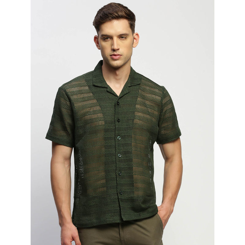 SHOWOFF Mens Short Sleeves Self Design Olive Slim Fit Comfort Shirt (XL)