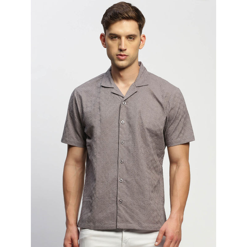 SHOWOFF Mens Short Sleeves Self Design Grey Slim Fit Comfort Shirt (L)