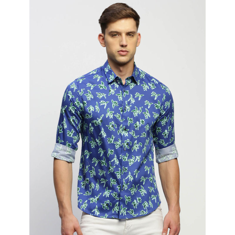SHOWOFF Mens Long Sleeves Printed Blue Slim Fit Standard Shirt (2XL)