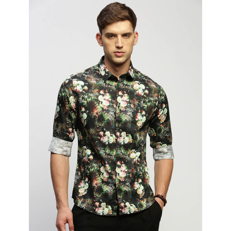 SHOWOFF Mens Long Sleeves Printed Green Slim Fit Standard Shirt (S)