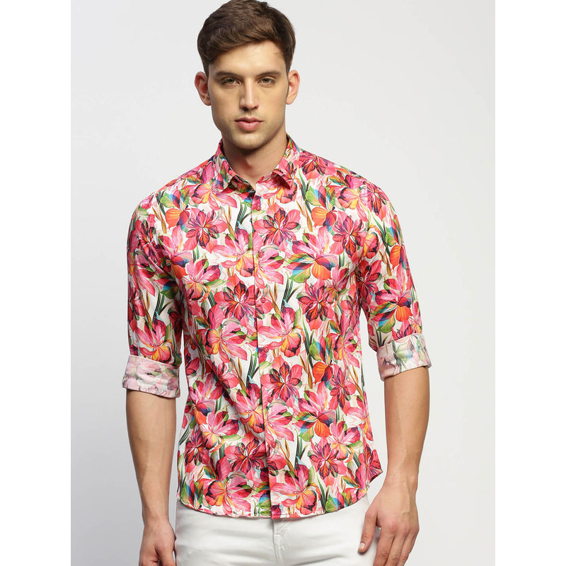 SHOWOFF Mens Long Sleeves Printed Pink Slim Fit Standard Shirt (XL)