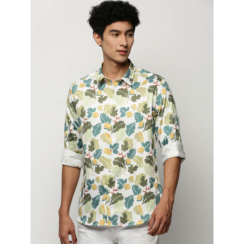SHOWOFF Mens Long Sleeves Printed Green Slim Fit Smart Shirt (XL)