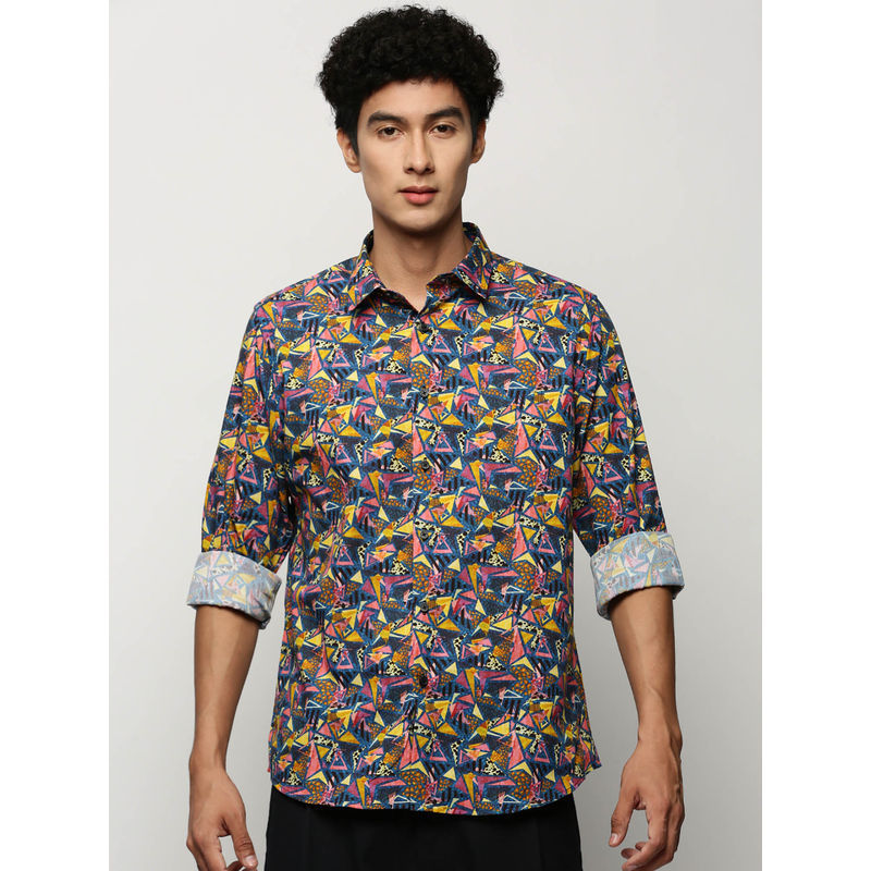 SHOWOFF Mens Long Sleeves Printed Navy Blue Slim Fit Smart Shirt (S)