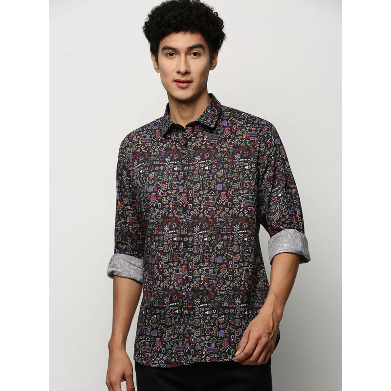 SHOWOFF Mens Long Sleeves Printed Black Slim Fit Smart Shirt (2XL)