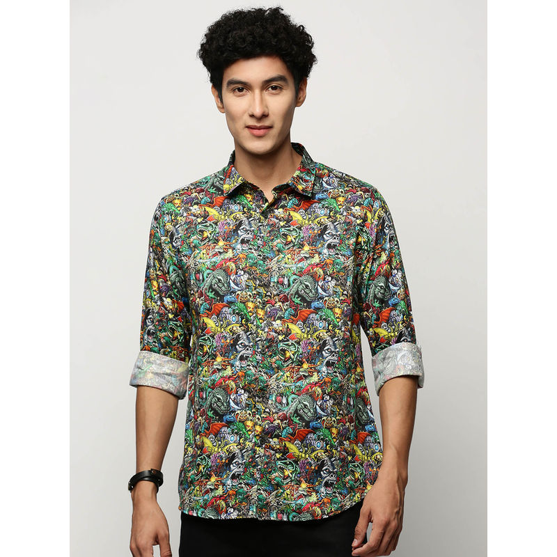 SHOWOFF Mens Long Sleeves Printed Black Slim Fit Smart Shirt (S)