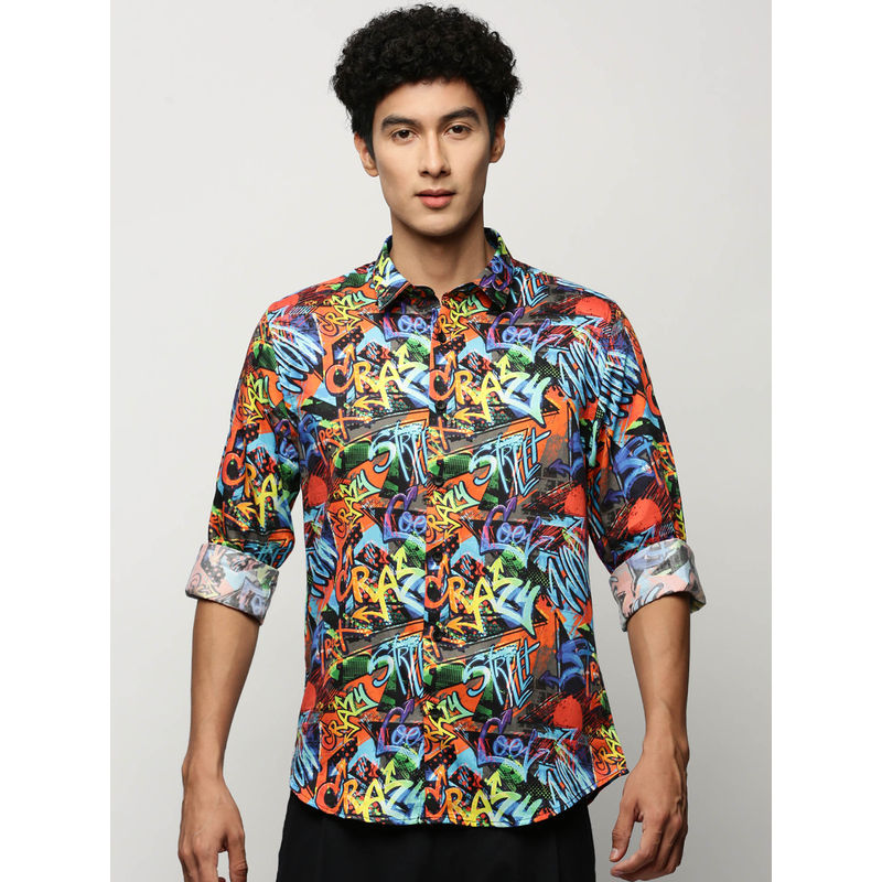 SHOWOFF Mens Long Sleeves Printed Multi-Color Slim Fit Smart Shirt (S)