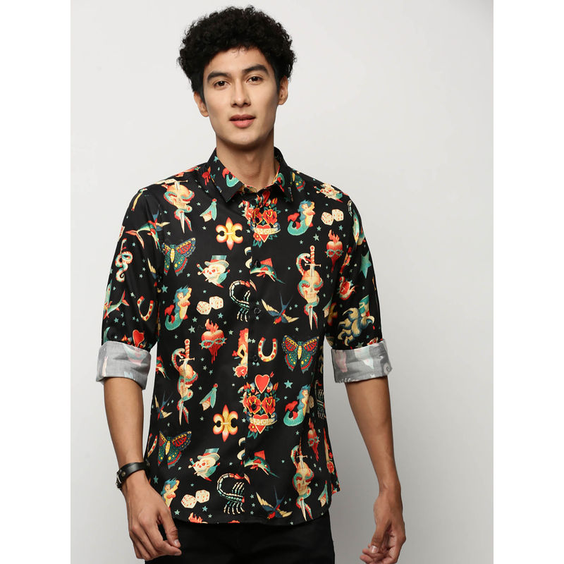 SHOWOFF Mens Long Sleeves Printed Black Slim Fit Smart Shirt (S)