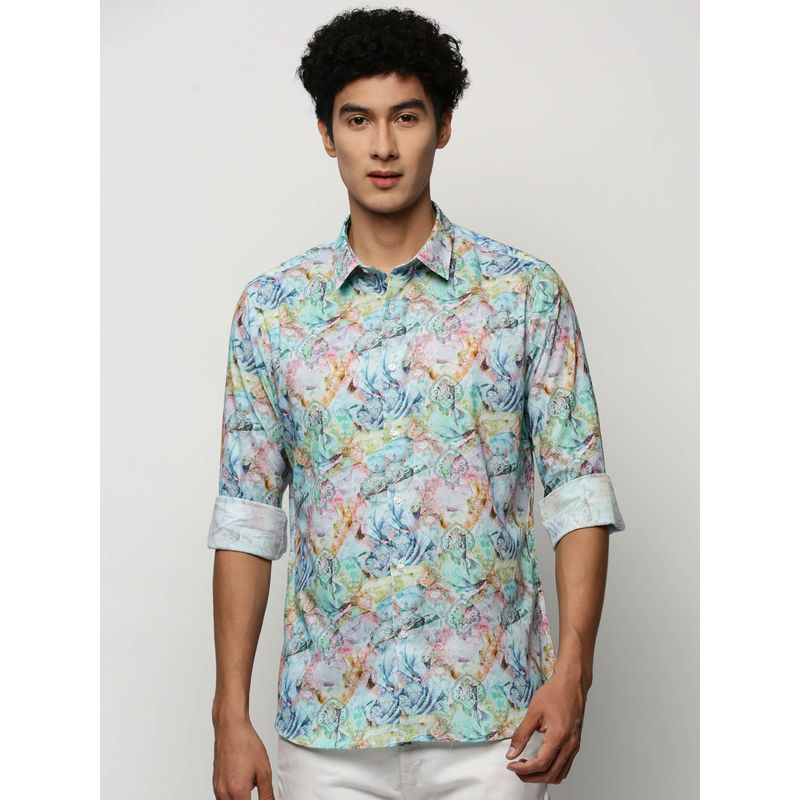 SHOWOFF Mens Long Sleeves Printed Multi-Color Slim Fit Smart Shirt (L)