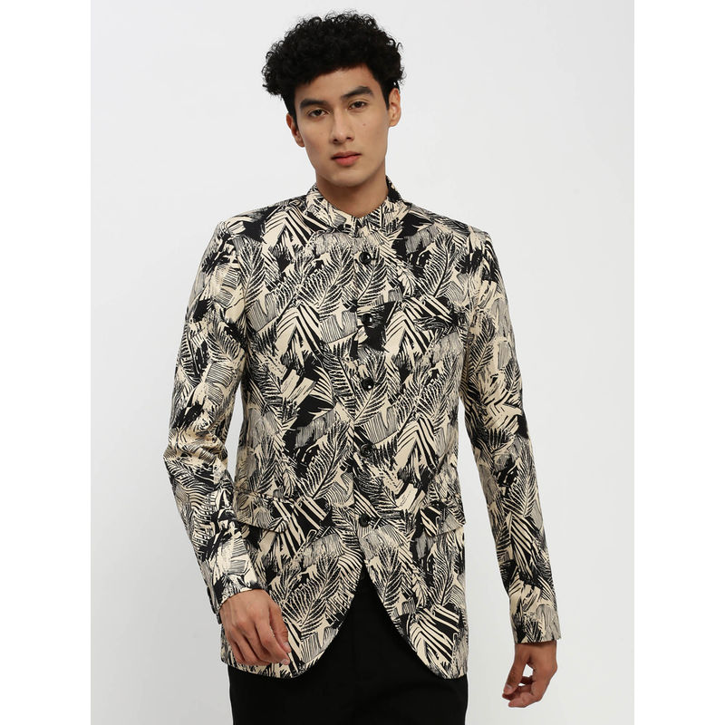 SHOWOFF Mens Mandarin Collar Beige Bandhgala Slim Fit Blazer (S)