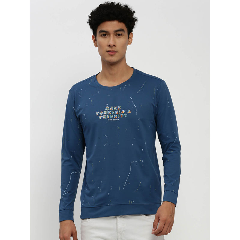 SHOWOFF Mens Round Neck Typography Long Sleeves Blue Pullover (M)