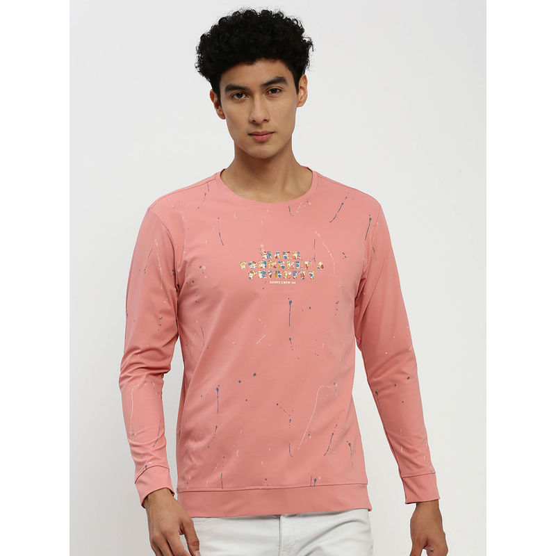 SHOWOFF Mens Round Neck Typography Long Sleeves Peach Pullover (M)