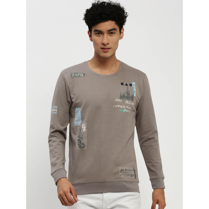 SHOWOFF Mens Round Neck Typography Long Sleeves Taupe Pullover (M)