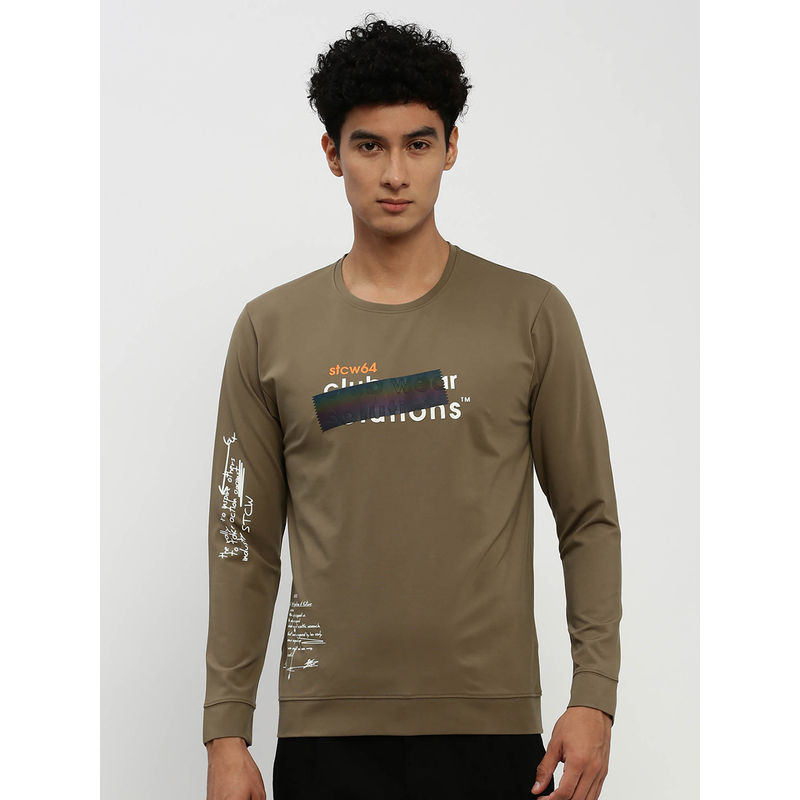 SHOWOFF Mens Round Neck Typography Long Sleeves Olive Pullover (M)