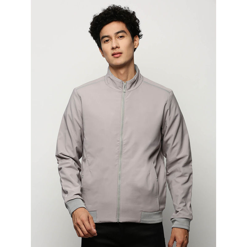 SHOWOFF Mens Solid Mock Collar Grey Bomber Jacket (M)