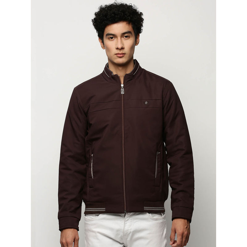 SHOWOFF Mens Solid Mock Collar Coffee Brown Bomber Jacket (XL)