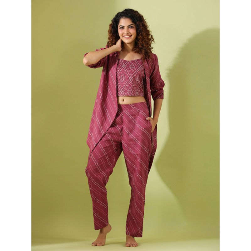 SAY Magenta Color Printed Women Pure Cotton Top & Pyjama with Jacket (Set of 3) (L)