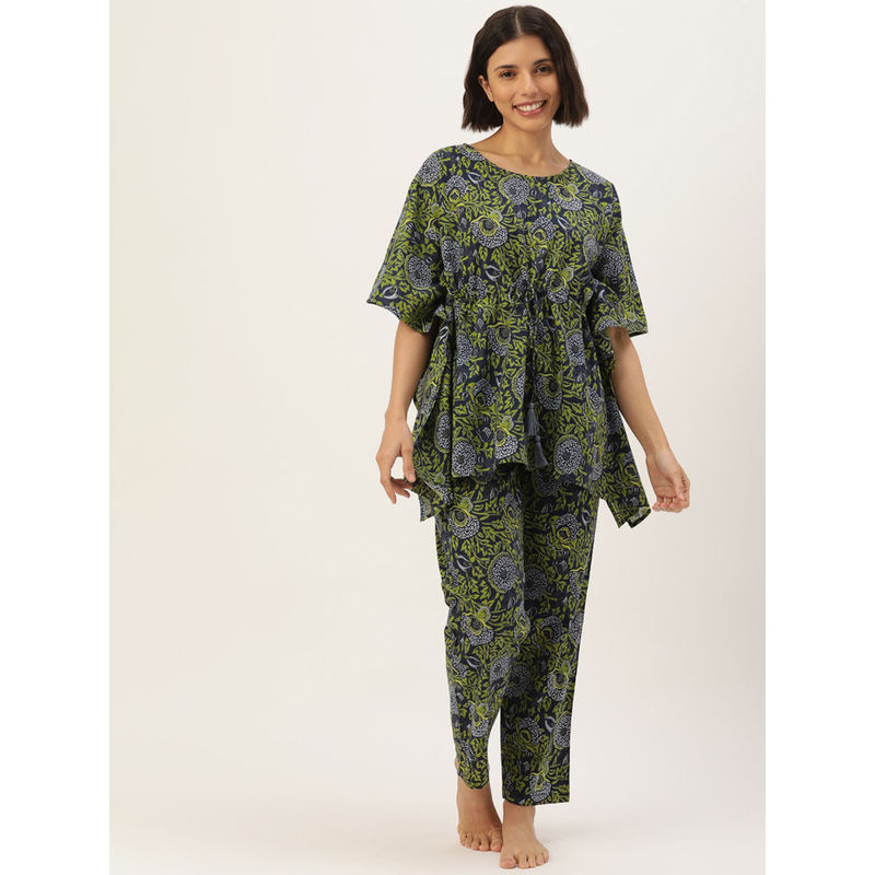 SAY Green Color Printed Women Pure Cotton Kaftan & Pyjama Night Suit (Set of 2) (3XL)