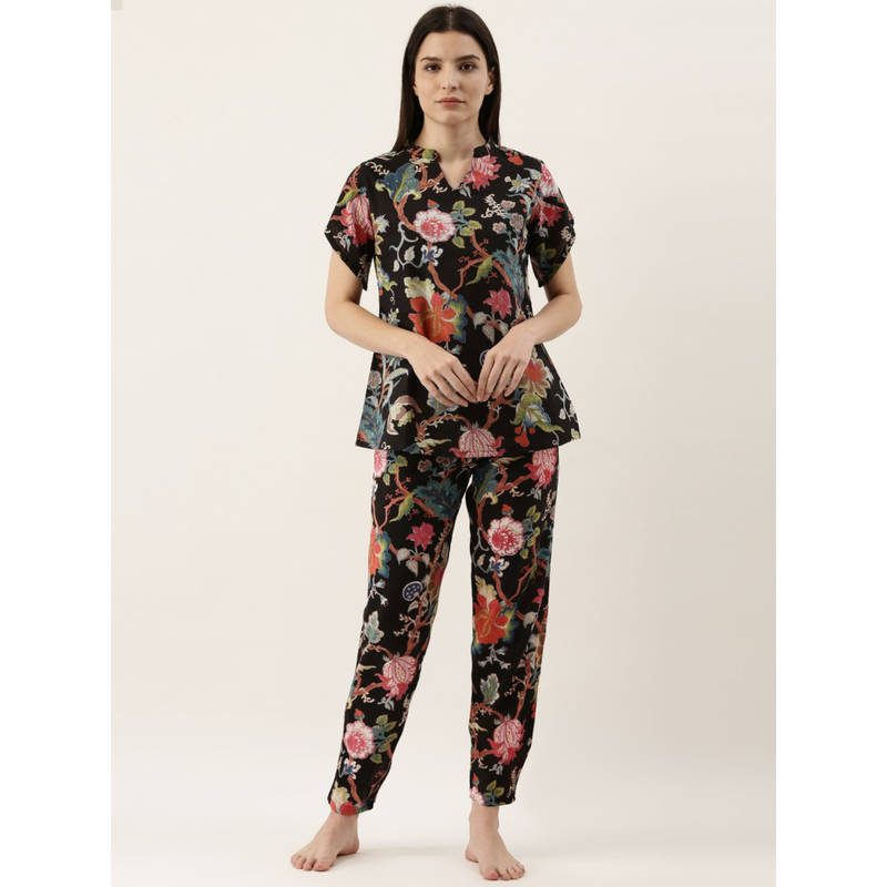 SANSKRUTIHOMES Black Color Printed Women Pure Cotton Top & Pyjama Night Suit (Set of 2) (XL)