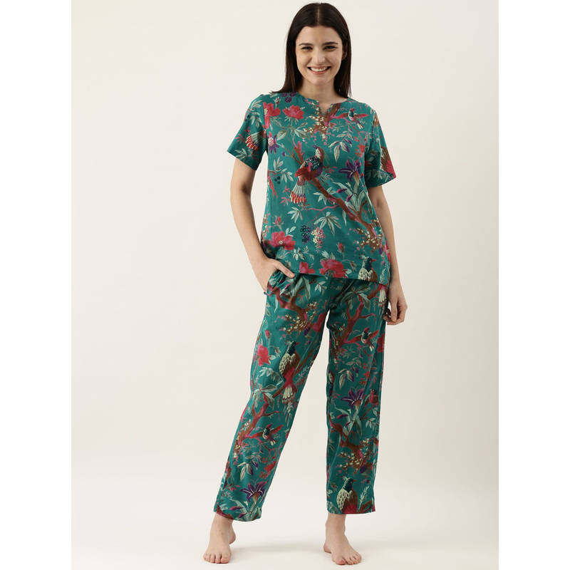 SANSKRUTIHOMES Green Color Printed Women Pure Cotton Top & Pyjama Night Suit (Set of 2) (L)