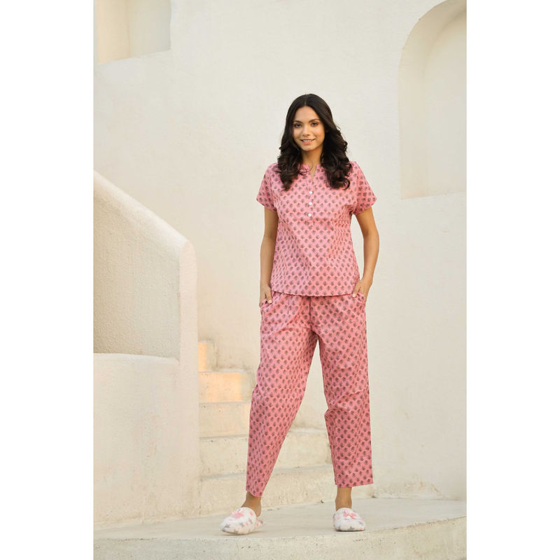 SAY Pink Color Printed Women Pure Cotton Top & Pyjama Night Suit (Set of 2) (S)
