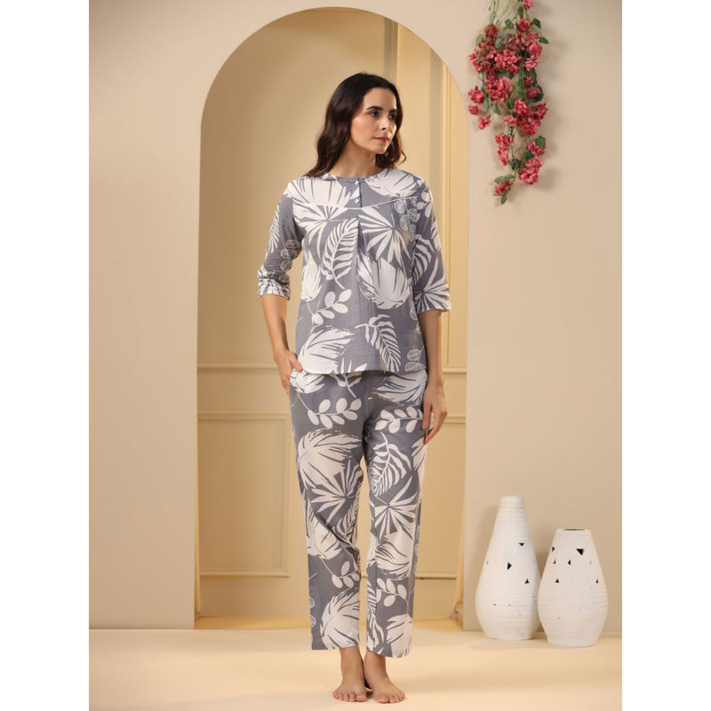 SAY Grey Color Printed Women Pure Cotton Top & Pyjama Night Suit (Set of 2) (S)