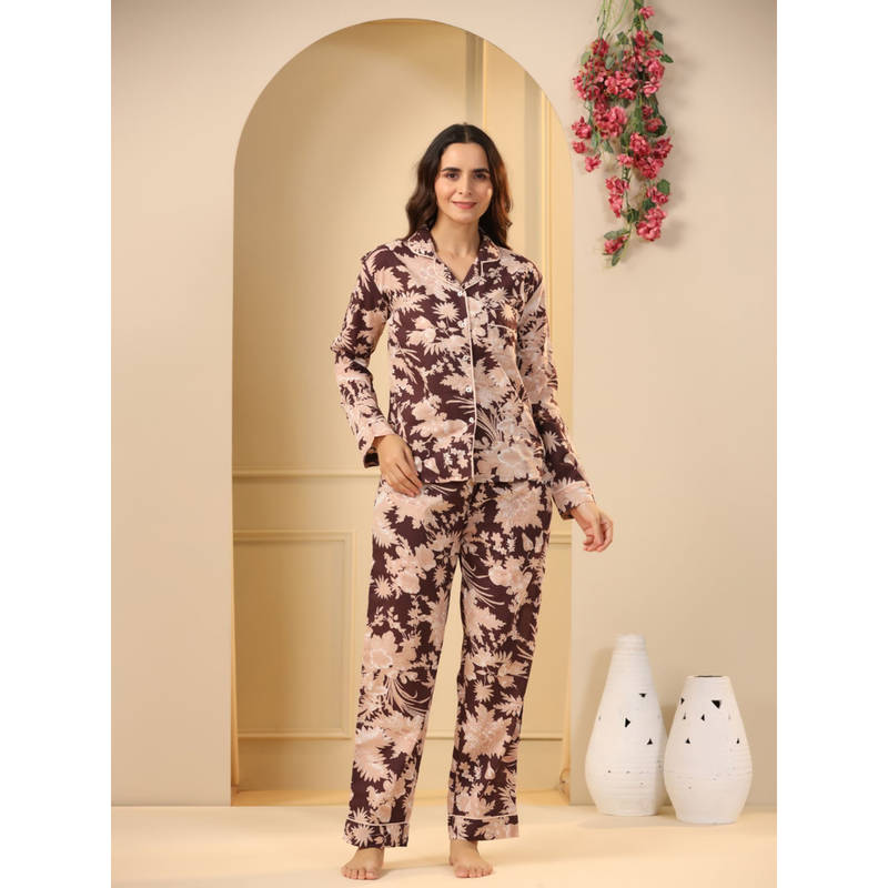 SANSKRUTIHOMES Brown Color Printed Women Pure Cotton Shirt & Pyjama Night Suit (Set of 2) (XL)