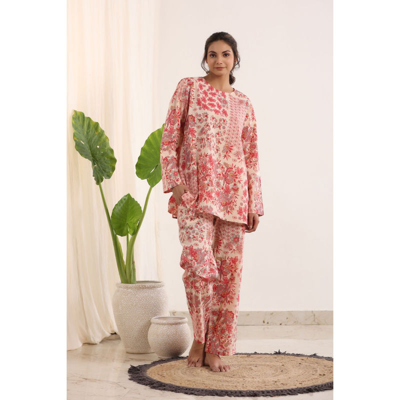 SAY Pink Color Printed Women Pure Cotton Top & Pyjama Night Suit (Set of 2) (S)