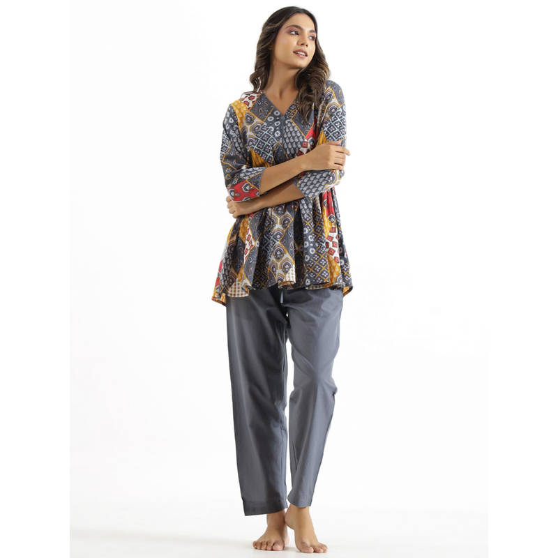 SANSKRUTIHOMES Grey Color Printed Women Pure Cotton Top & Pyjama Night Suit (Set of 2) (3XL)