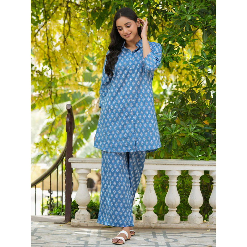 SAY Blue Color Printed Women Pure Cotton Kurti & Pyjama Night Suit (Set of 2) (XL)