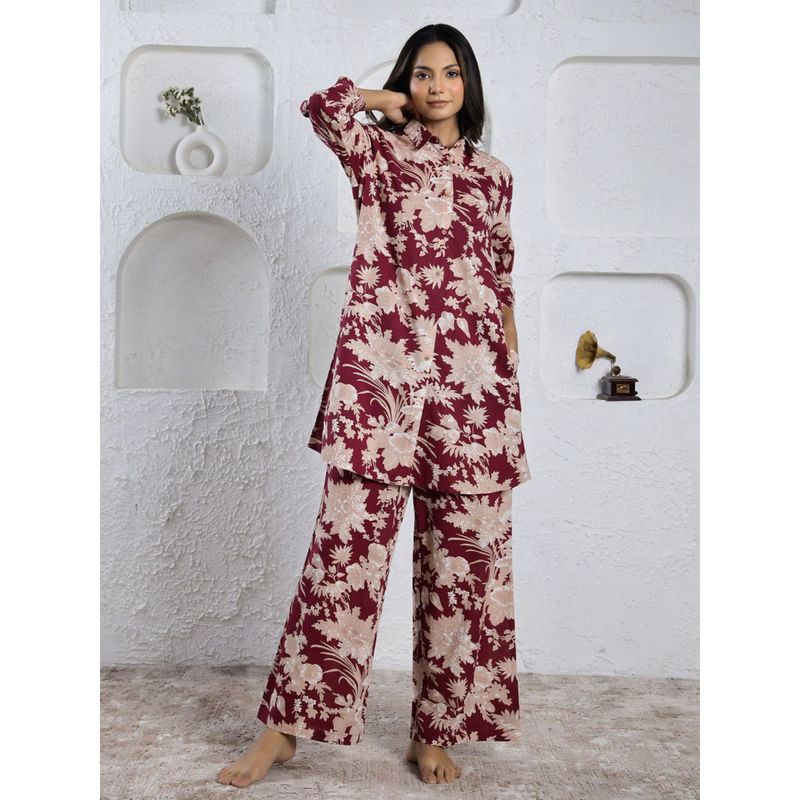 SAY Maroon Color Printed Women Pure Cotton Kurti & Pyjama Night Suit (Set of 2) (S)