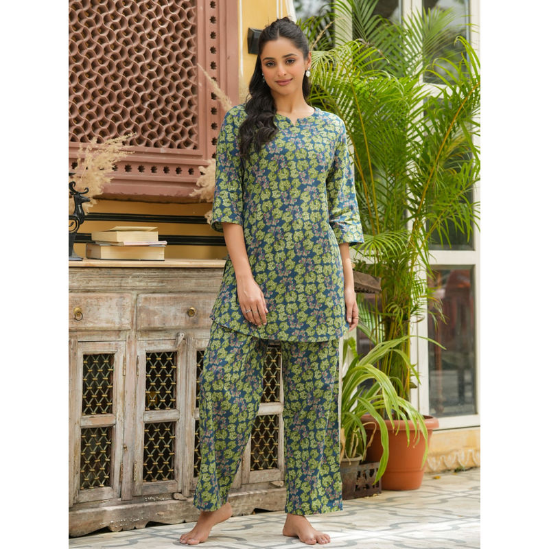 SAY Green Color Printed Women Pure Cotton Kurti & Pyjama Night Suit (Set of 2) (M)