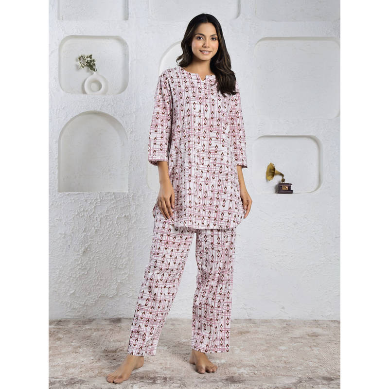 SANSKRUTIHOMES Pink Color Printed Women Pure Cotton Kurti & Pyjama Night Suit (Set of 2) (M)